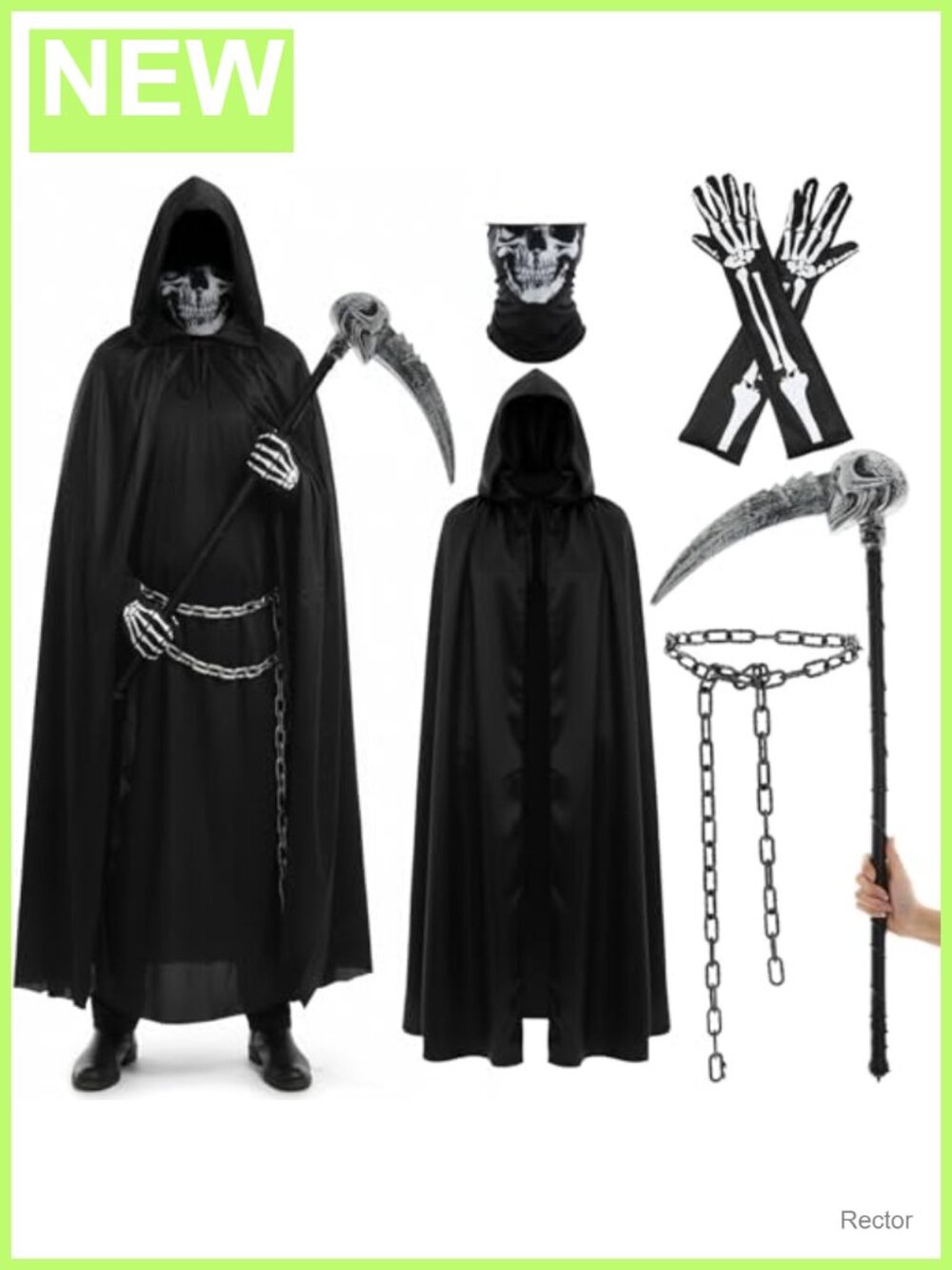 Halloween Grim Reaper Costume Set Hooded Cloak Scythe Skull Mask 5 Pieces